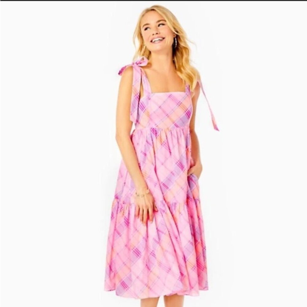 Lilly Pulitzer Anlee Pink Isle Madras Plaid Cotton Tier Dress size 12 - Picture 6 of 7